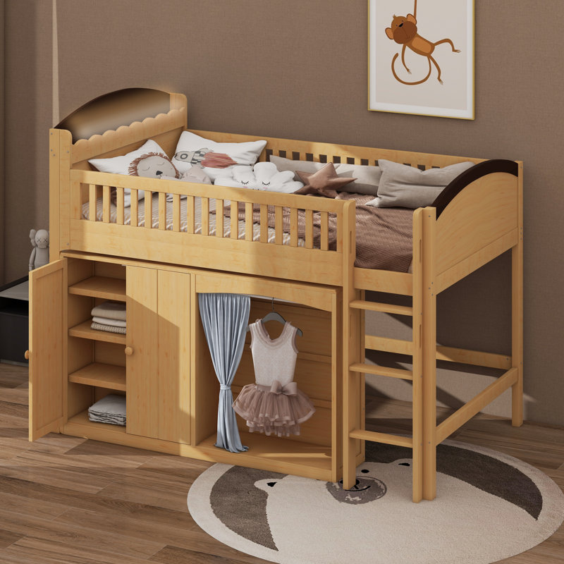 Lit mezzanine simple avec armoire de rangement et garde-robe, structure de lit mezzanine en bois massif avec tête et échelle DEL