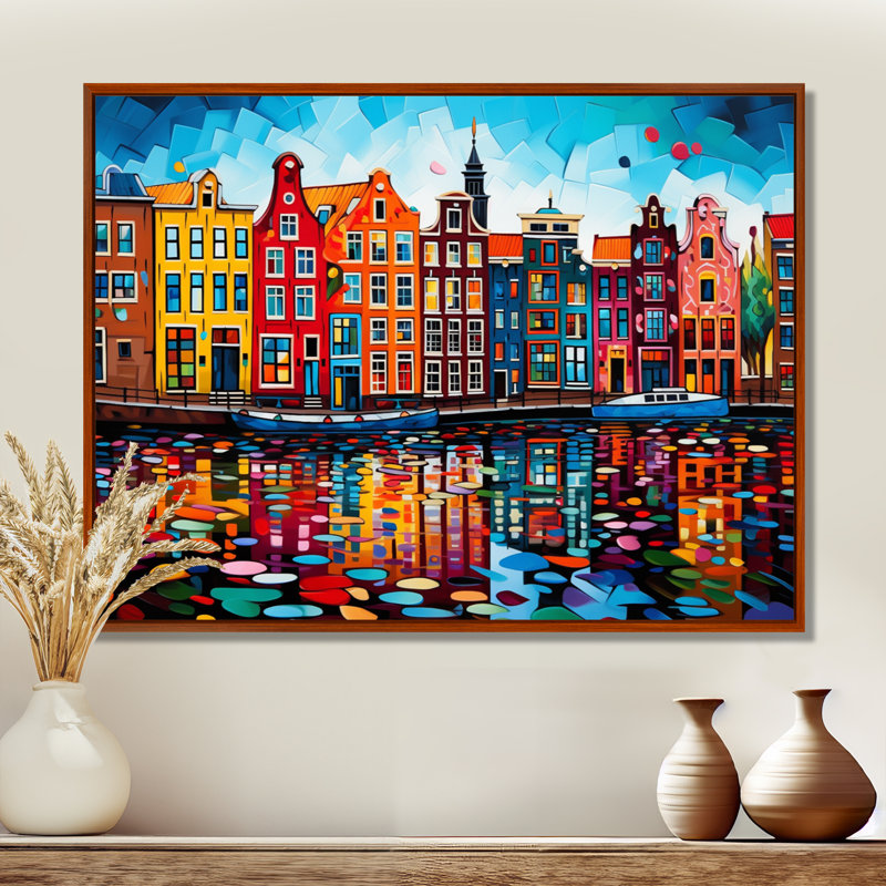 City Amsterdam Popart I - impressions sur toile Amsterdam, H 16 po x l 32 po x P 1 po, Brown Floater Framed