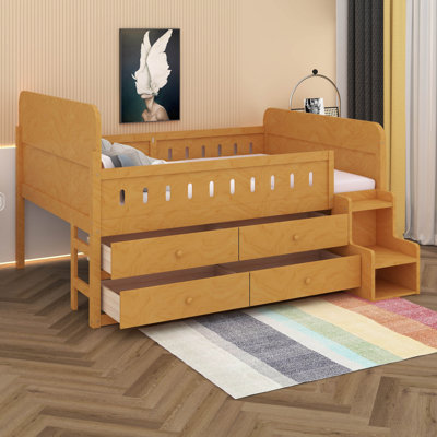 Full Size Wood Bed Frame With LED Headboard Lights, 4 Storage Drawers & Ladder, Space-Saving Design For Bedroom