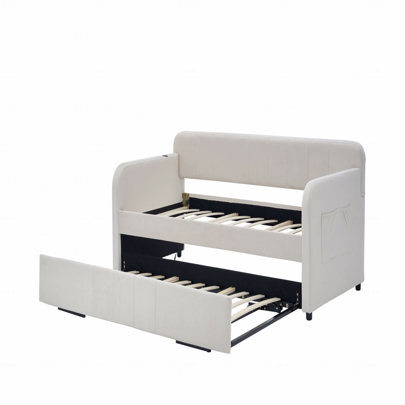 Upholstered Daybed, Twin Daybed Frame With Trundle, Twin Size Sofa Bed For Bedroom Living Room Guest Room, Wood Slat Support