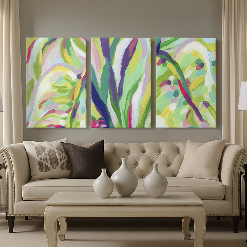 Bright Tropical Abstraction IV - Toile tendue sur mesure avec châssis - 3 pièces, H 60 po x l 120 po