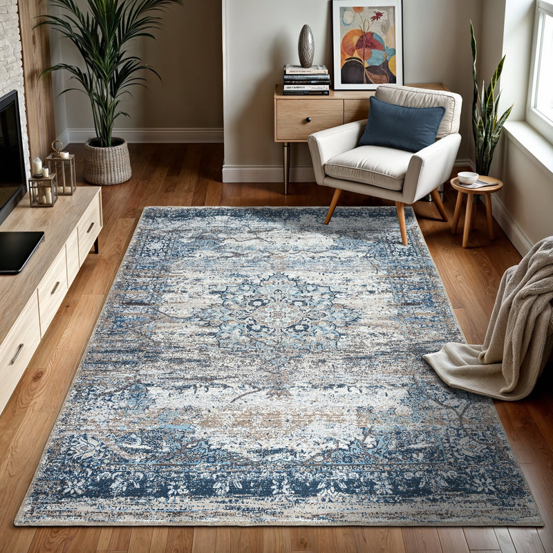 GLN Rugs Vintage Collection - Machine Washable Area Rug, Vintage Washable Rug, Non Slip Area Rug, Low Pile Living Room Rug, Bedroom Rug, Bathroom Rug - Easy Clean (Navy Blue and Gray Rug)