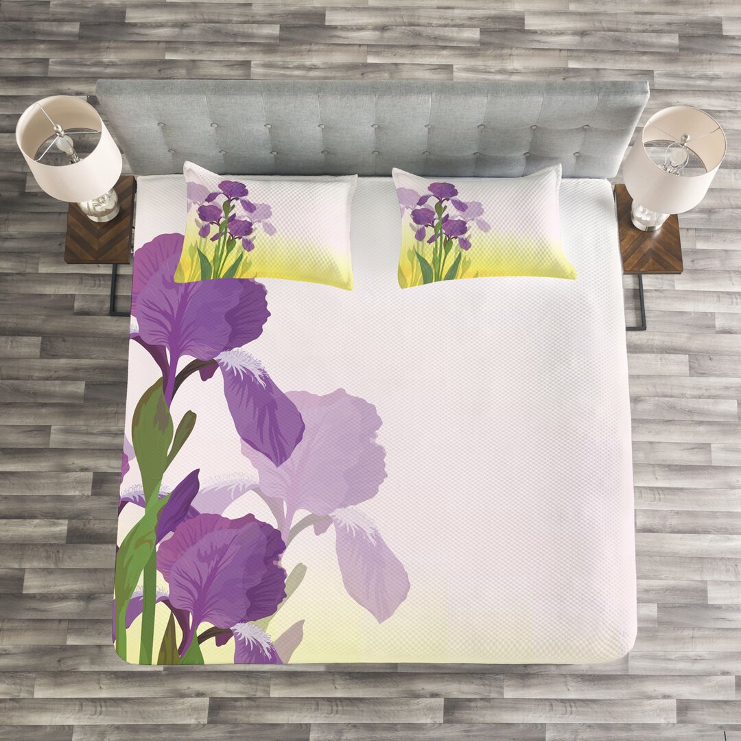 Gestepptes Bettdecken-Set, Iris-Blumen-Blätter, Garten, Violett Grün und Gelb