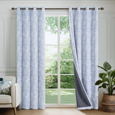 2 Panels Blue Floral Blackout Curtains Scroll Flower Curtains 90 inch