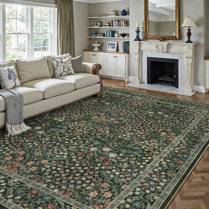 Tapis Alora lavable en machine à motif floral vintage avec envers antidérapant, Rectangle 9 pi x 12 pi