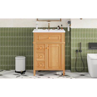 Meuble-lavabo 24 po avec lavabo, meuble-lavabo en bois avec tiroir rabattable, 2 tiroirs à fermeture en douceur, 1 porte à fermeture en douceur, bois massif et panneau de fibres à densité moyenne, poignées en bois élégantes, meubles-lavabos et meubles-lavabos