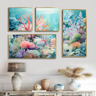 Underwater Coral Symphony Ii II - Pink Coastal, impressions sur toile 4 pièces