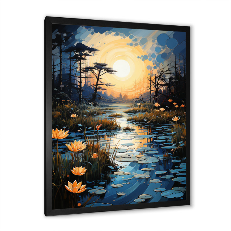 «Cirilis Blue Green Pointillism River At Night VII», reproduction sur toile, Cadre photo noir, H 20 po x l 12 po x P 1 po