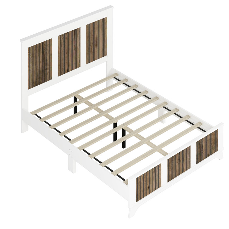 Grand lit plateforme en blanc, bande de bois, lattes en contreplaqué, capacité de poids de 700 lb, pas de sommier avec merveille blanche