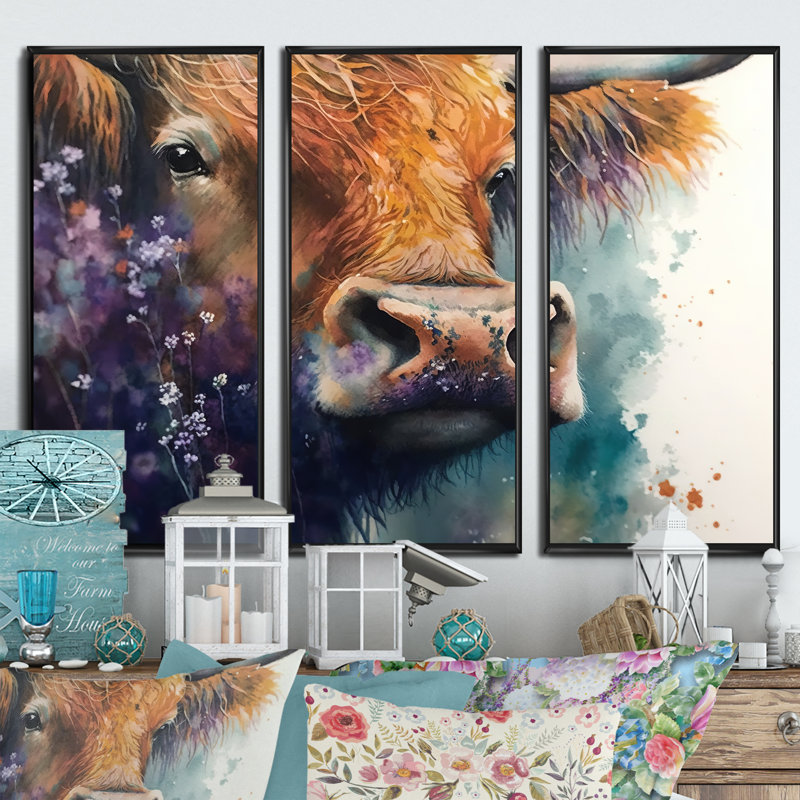 Buffalo In The Wild II - 3 pièces sur toile, Cadre noir, H 28 po x l 36 po x P 1 po
