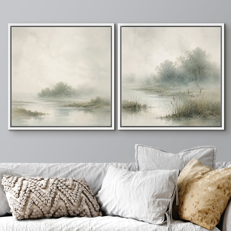 «Foggy Marsh Lake Landscape», ensemble de 2 reproductions d'art sur toile encadrées, H 16 po x l 16 po x P 1,5 po
