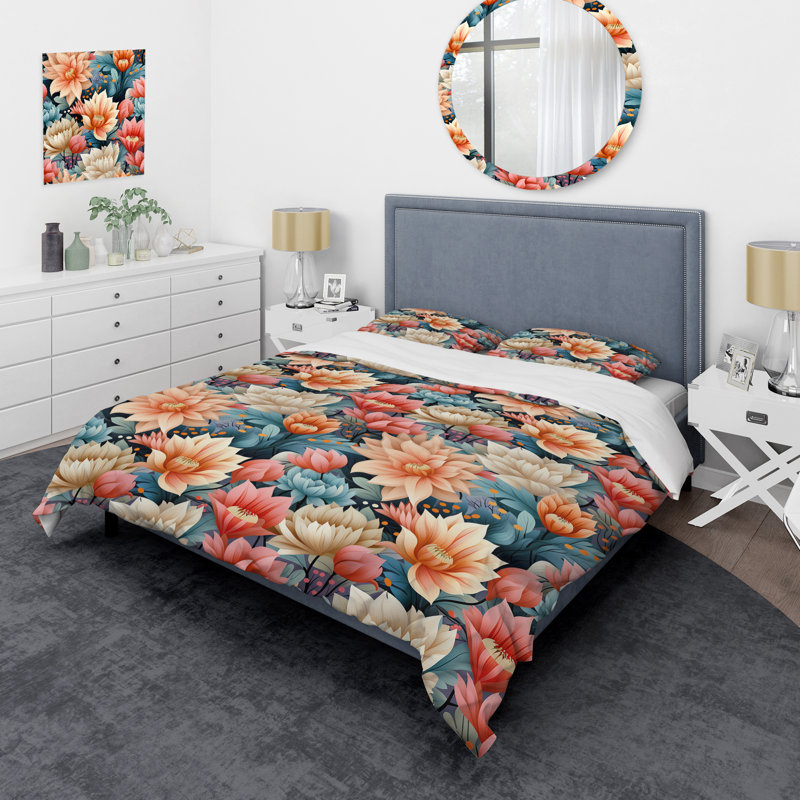 Ensemble de housse de couette Pastel Flower Retro Revival Collage I, Housse de couette pour grand lit et 2 taies décor