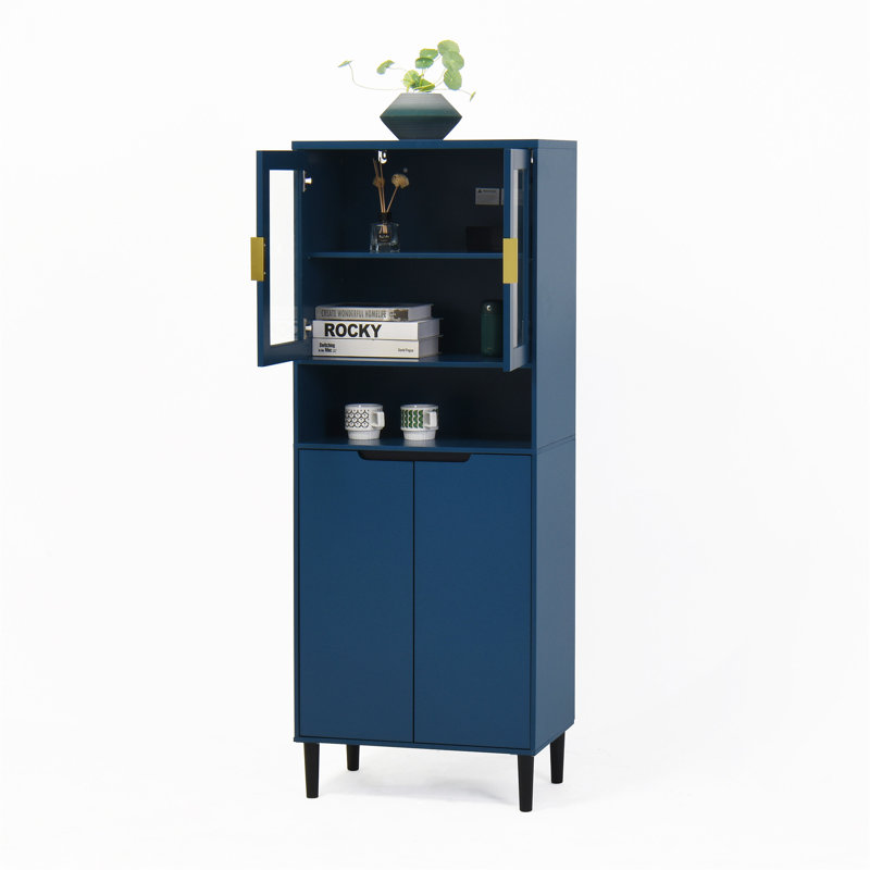 Tempered Glass Door Tall Storage Bookcase With Adjustable Board, Blue