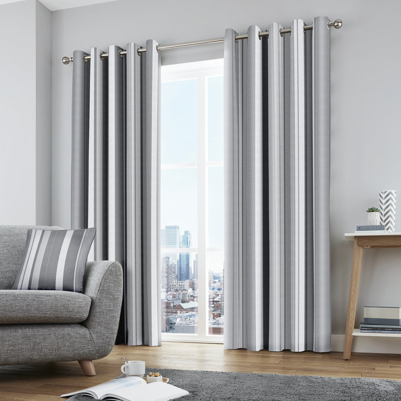 Whitworth Stripe Cotton Sheer Curtain Pair, Width 168 x Drop 183 cm, Grey