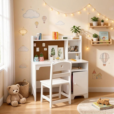 Ensemble de bureau et chaise pour enfants avec huche et armoire de rangement, table d'écriture en bois avec bureau inclinable pour enfants de 3 à 8 ans
