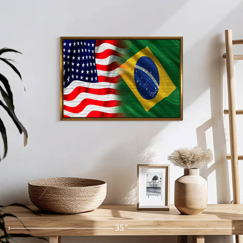 Drapeau des États-Unis et du Brésil, 19 po x 13 po, Cadre flottant doré