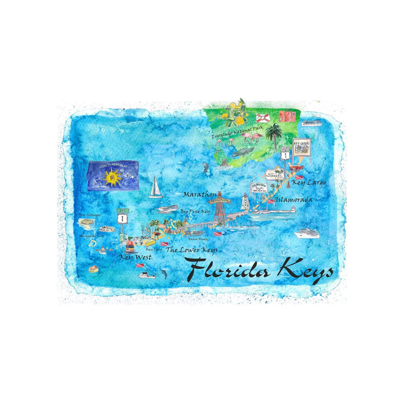 Florida Keys Key West Marathon Key Largo Illustrated Travel Poster 1 Piece Painting on Canvas, Wrapped Canvas