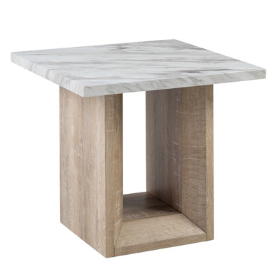Table de bout en marbre brun avec finition en bois et base contemporaine