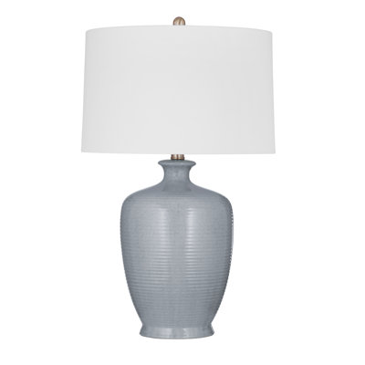 Lampe de table Justice avec base en céramique gris clair et abat-jour blanc texturé