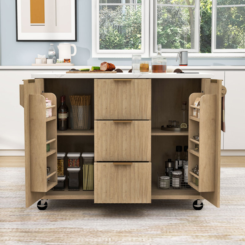 Rolling Kitchen Island with Drop Leaf, Power Outlet, Faux Marble Top and Adjustable Shelves, Natural