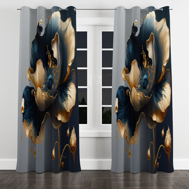 Coomer - Floral Velvet Grommet Curtain - 1 Panel, 52" W x 63" L, Silver Grommets