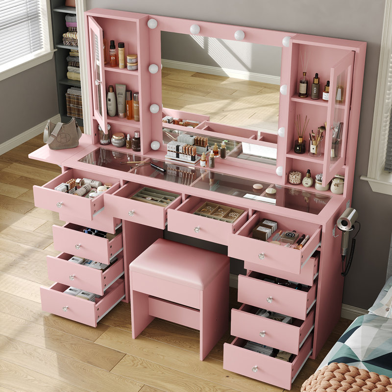 Makeup Vanity With Mirror And 10 LED Lights,Vanity Desk With 12 Drawers And 2 Cabinets, Glass Top Vanity Set With Power Outlet, Fold-Up Panel