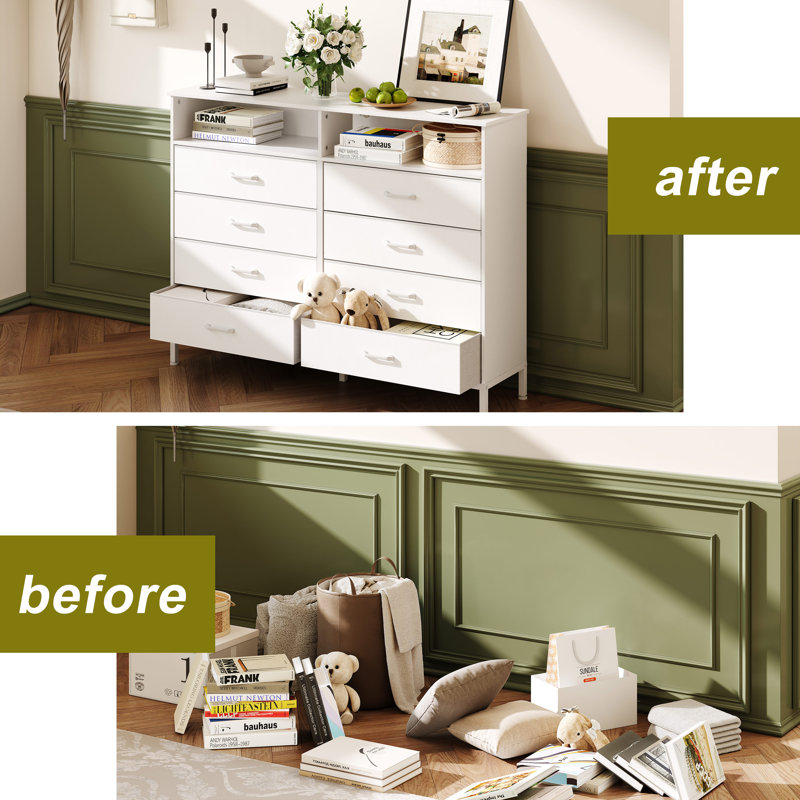 47.2'' W 8 - Drawer Dresser for Bedroom with Led Lights and Charging Station, White