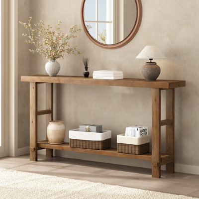 63" Solid Fir Wood Console Table – Rustic Farmhouse Sofa Table with Dual-Tier Open Shelf, Entryway Hallway Living Room Accent Furniture, Easy Assembly