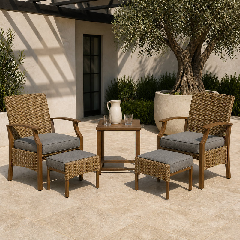 Ensemble de jardin 5 pièces en résine tressée et acier avec poufs, gris foncé, Gris foncé