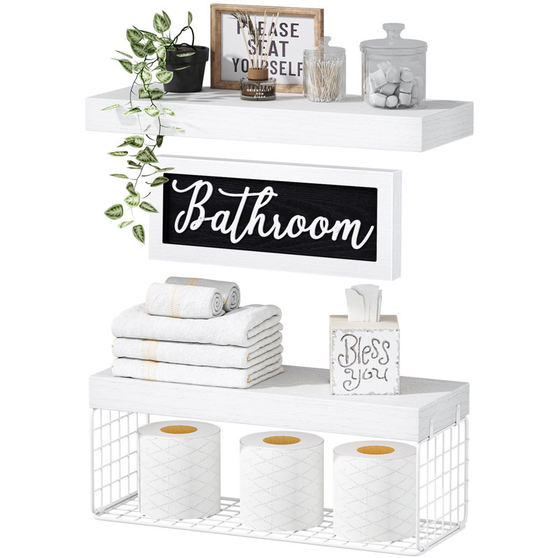 Bathroom Shelves Over Toilet, Small Floating Shelf 2+1 Set 15.7 Inch, White, White