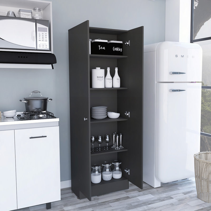 Armoire garde-manger multi-rangement, cinq tablettes, armoire double porte, Noir