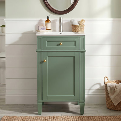 Meuble-lavabo autoportant en panneau de fibres à densité moyenne 16 po avec lavabo intégré en céramique, meuble-lavabo simple en vert avec porte à fermeture douce, tablette réglable et pieds pleins