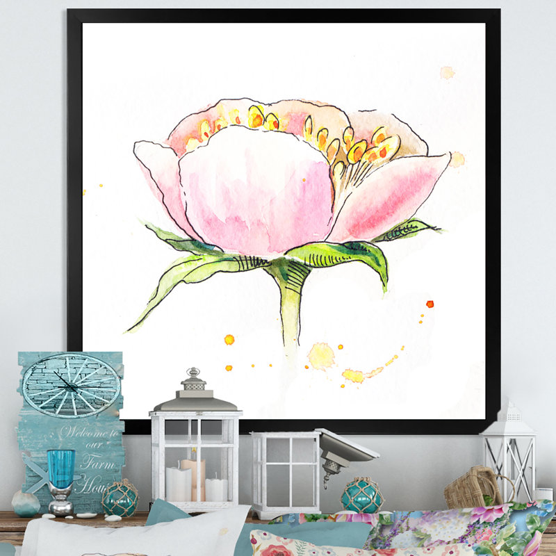Fleur de pivoine rose rétro, Toile avec cadre noir, H 16 po x l 16 po x P 1 po