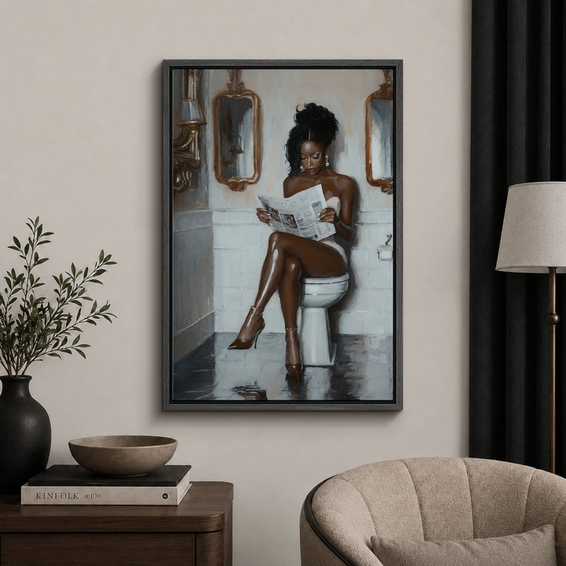 Elegance "Glamorous Woman Reading Newspaper Chic Artwork, Bathroom/Vanity Room/Powder Room Decor Wall Pictures, Large Framed Canvas Digital Giclee Print Wall Art"