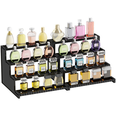 Présentoir à 4 niveaux avec clôtures décoratives, organisateur de parfum en plastique de 12 pouces, présentoir pour figurines, petit gâteau, dessert, support de bureau pour l'organisation et la décoration, paquet de 2