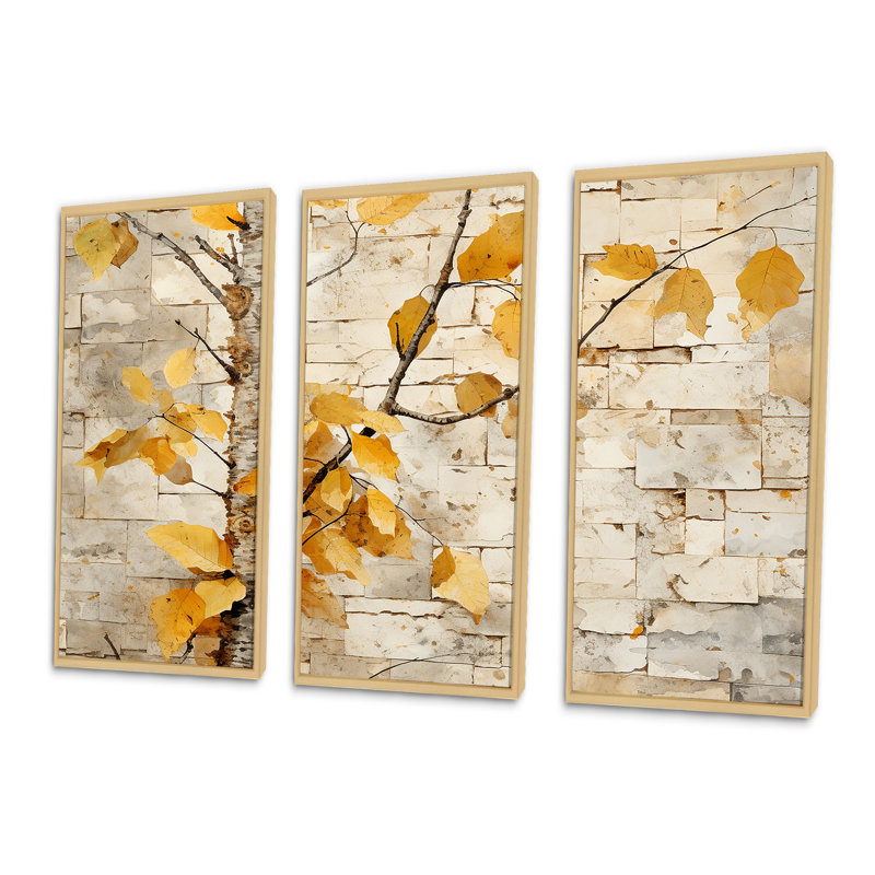 Forêt de bois de bouleau beige et jaune I - arbre, art mural, Cadre flottant brun, H 28 po x l 36 po x P 1 po