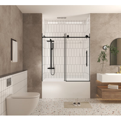 Frameless shower door 56-60 "W x 60" H, 1/4 "(6 mm) Clear Tempered Glass, Explosion Proof Film, Stainless Steel Handle, Matte Black