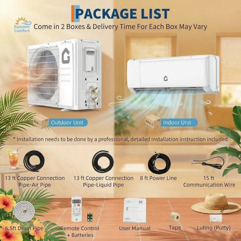 Mini climatiseur et thermopompe 24 000 BTU, système inverseur 21 SEER2 avec Wi-Fi, combo AC / Heat sans conduit, refroidit jusqu'à 1500 pieds carrés. pi, trousse d'installation complète incluse, 208-230 V, faible bruit.
