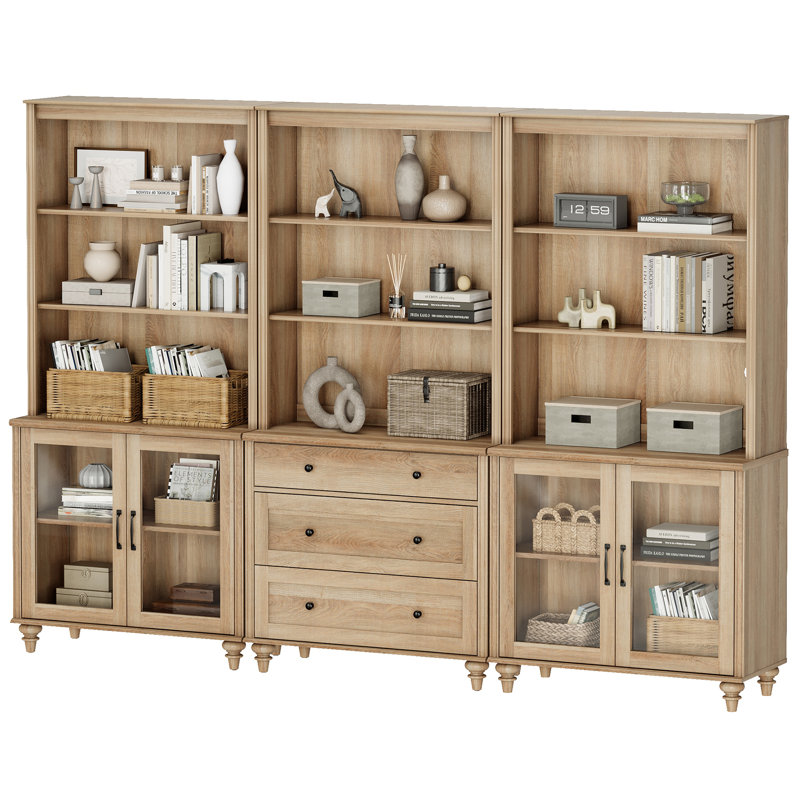 Sideboard Cabinet With Bar Hutch, Buffet Cabinet With 4 Glass Doors, 3 Drawers And 3 Tier Shelves, Oak, 101''