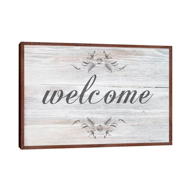 Welcome by Bluebird Barn - Print on Canvas, 66.04cm H x 101.6cm W x 3.81cm D, Classic Brown Wood Framed