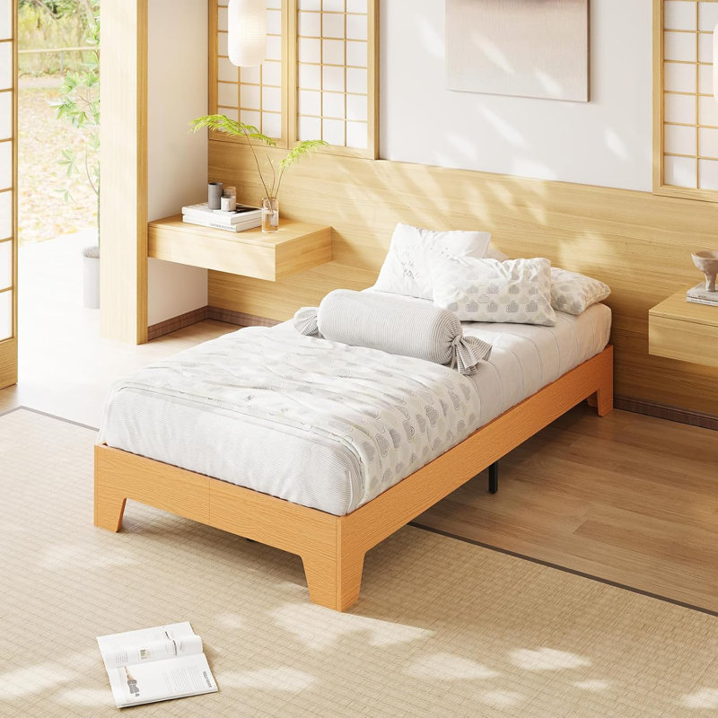 Structure de lit plateforme en bois, support de lattes en bois, aucun sommier requis, assemblage facile, conception silencieuse, espace de rangement sous le lit