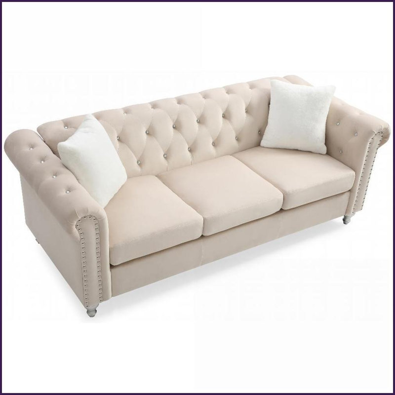 Canapé de salon en velours de micro suède Raisa Coussins décoratifs | Beige | Velours | Accoudoirs roulés, Beige