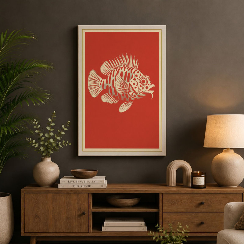 Spiky Fish Study Japandi 1 Piece Wrapped Canvas Wall Art, 36x24 - 91.4 x 61.0 cm, Taupe Border