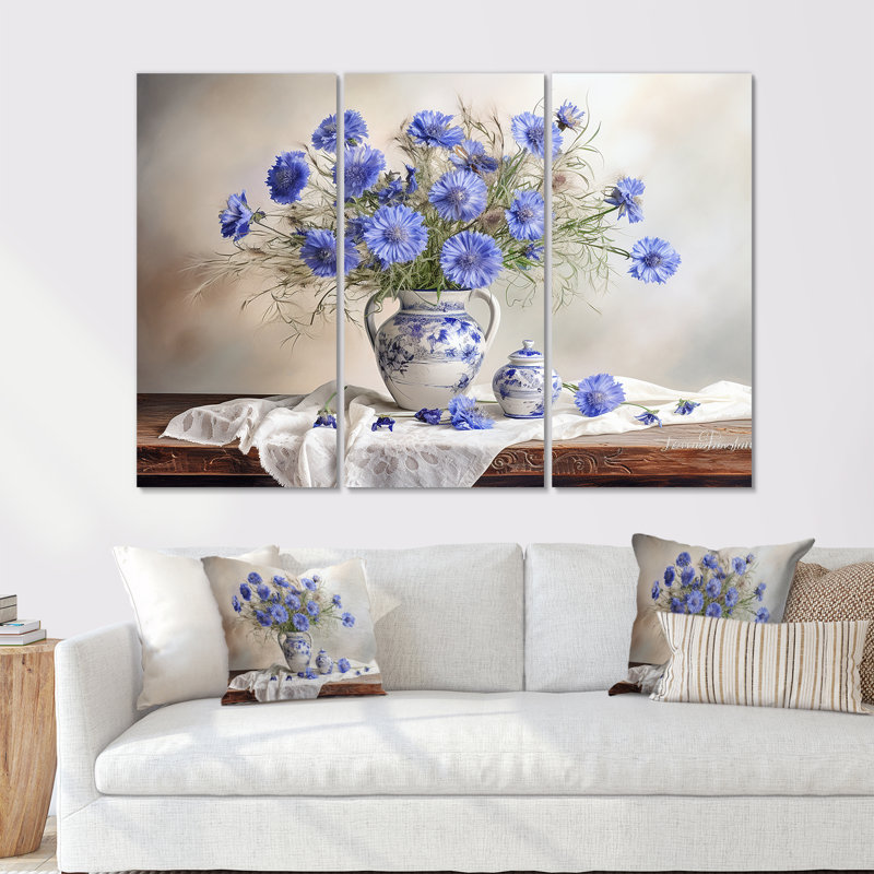 Cornflowers Bouquet Still Life - Ensemble de décorations murales Cornflowers, H 40 po x l 60 po x P 1 po