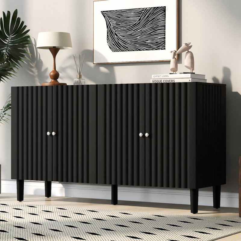Elegant Four-Door Sideboard With Wavy Pattern Doors,Cylindrical Legs,And Sleek Metal Handles,Adjustable,Suitable For Study,Entryway And Living Room