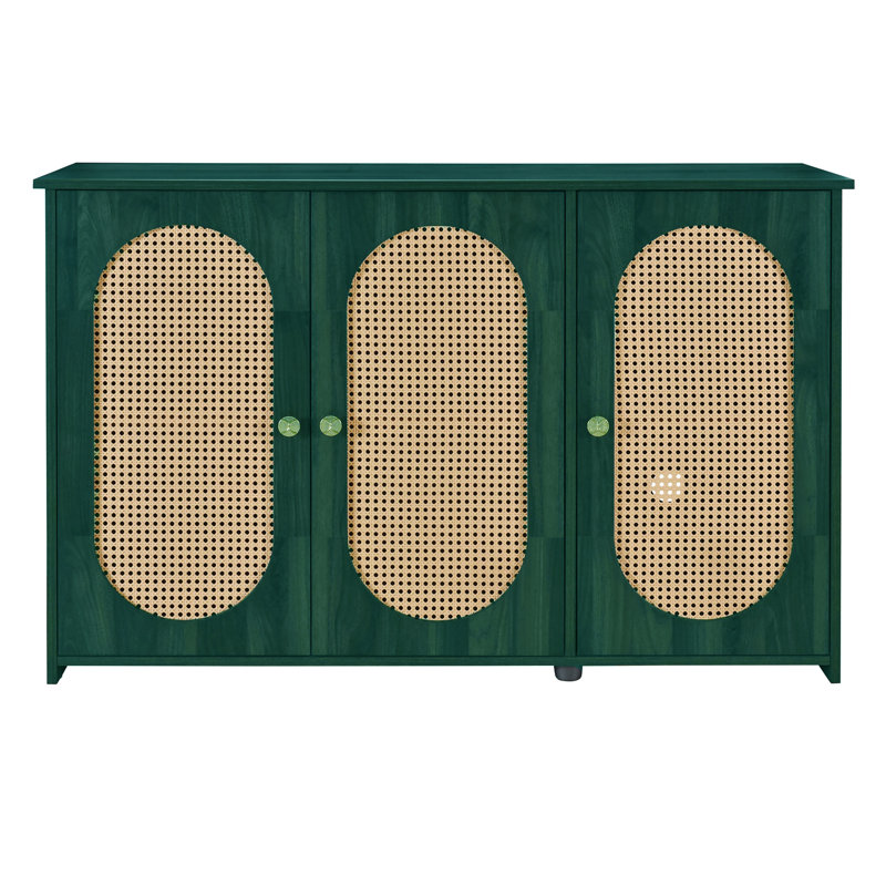 Retro 3-Door Sideboard With Large Storage Space Artificial Rattan Doors And Metal Handles, Blue
