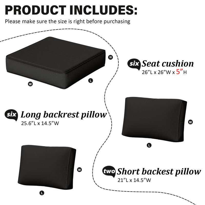 14-Piece Outdoor Replacement Cushion Set Seat/Back Cushion，26'' W X 26'' D，Only Cushions, Black, 26" L x 26" W x 5" H