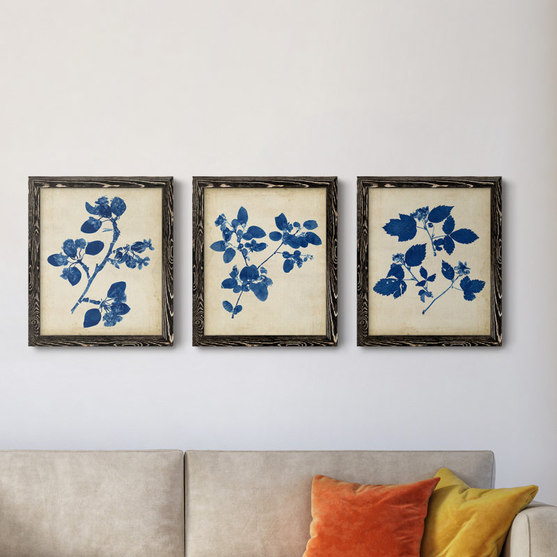 Indigo Leaf Study IV - Ensemble de 3 peintures sur toile encadrées, Toile avec cadre noir, H 24 po x l 36 po x P 1,5 po