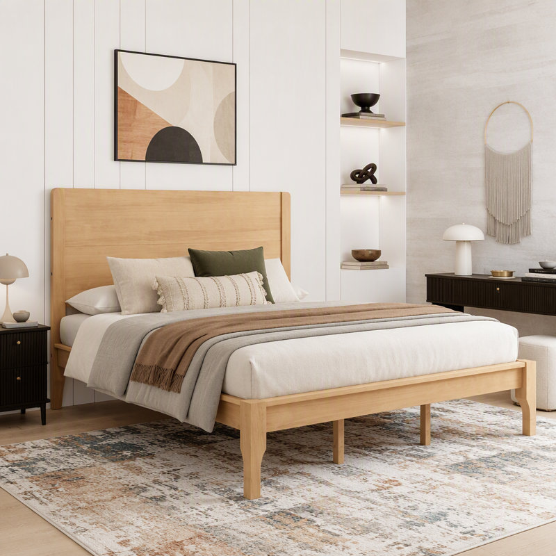 Lit avec tête et pied de lit hauts, lit plateforme avec cadre renforcé Pinewood, Queen, Natural