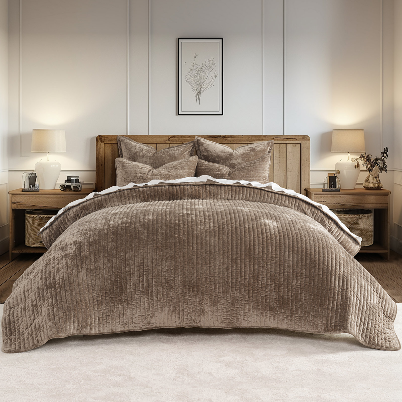 Luxe Velvet Channel Quilt Set, Queen, Taupe